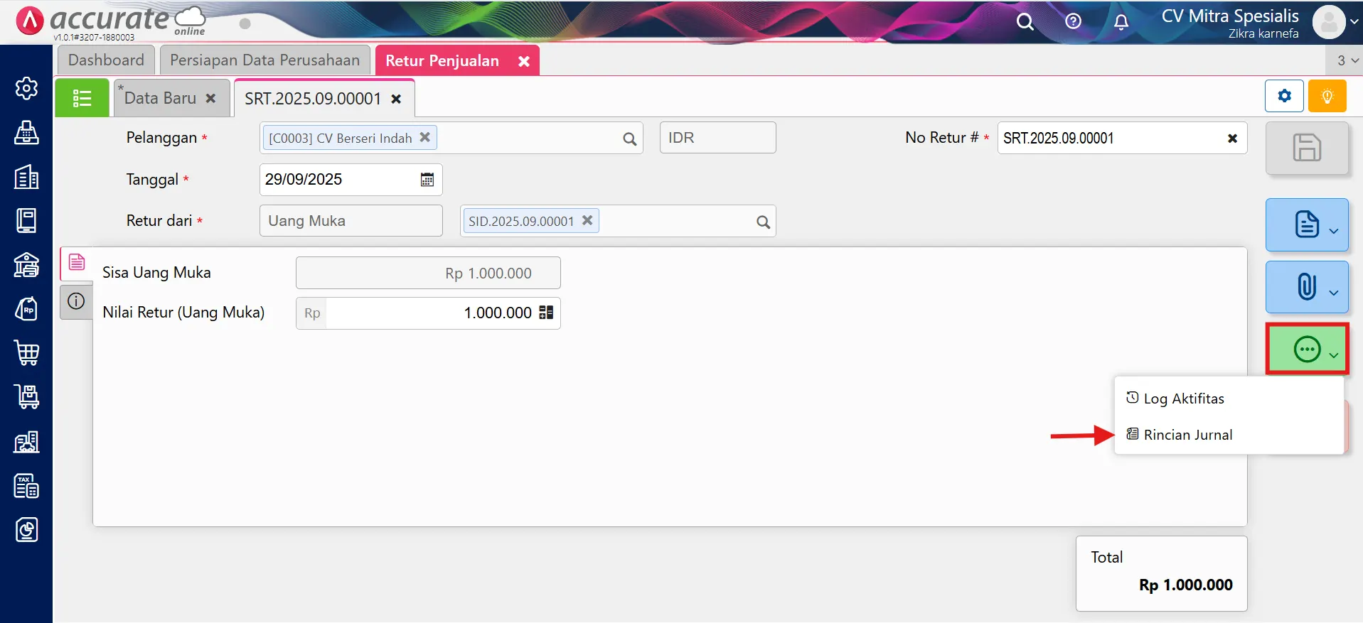 Cara retur penjualan untuk uang muka